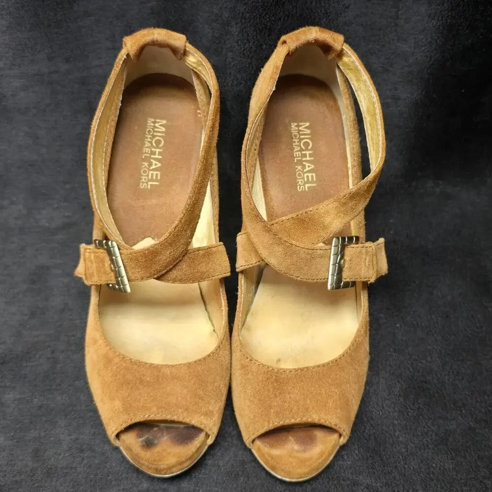 Michael Kors Brown Leather Peep Toe Ankle Strap Gold Cone High Heel Shoe